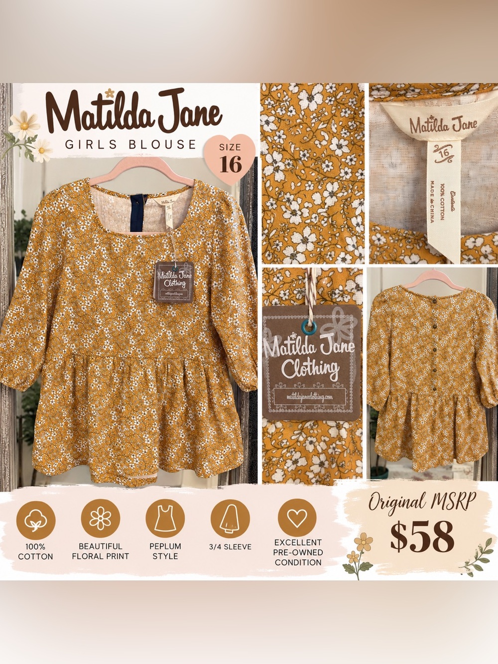 Matilda Jane Mustard Floral Peplum Blouse - White Floral